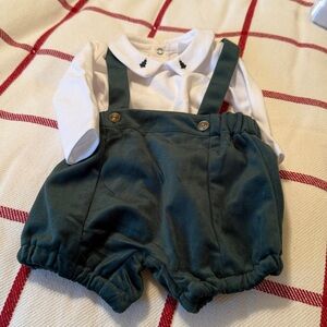 Edgehill Collection Green Velvet suspender shorts with white LS  collared shirt